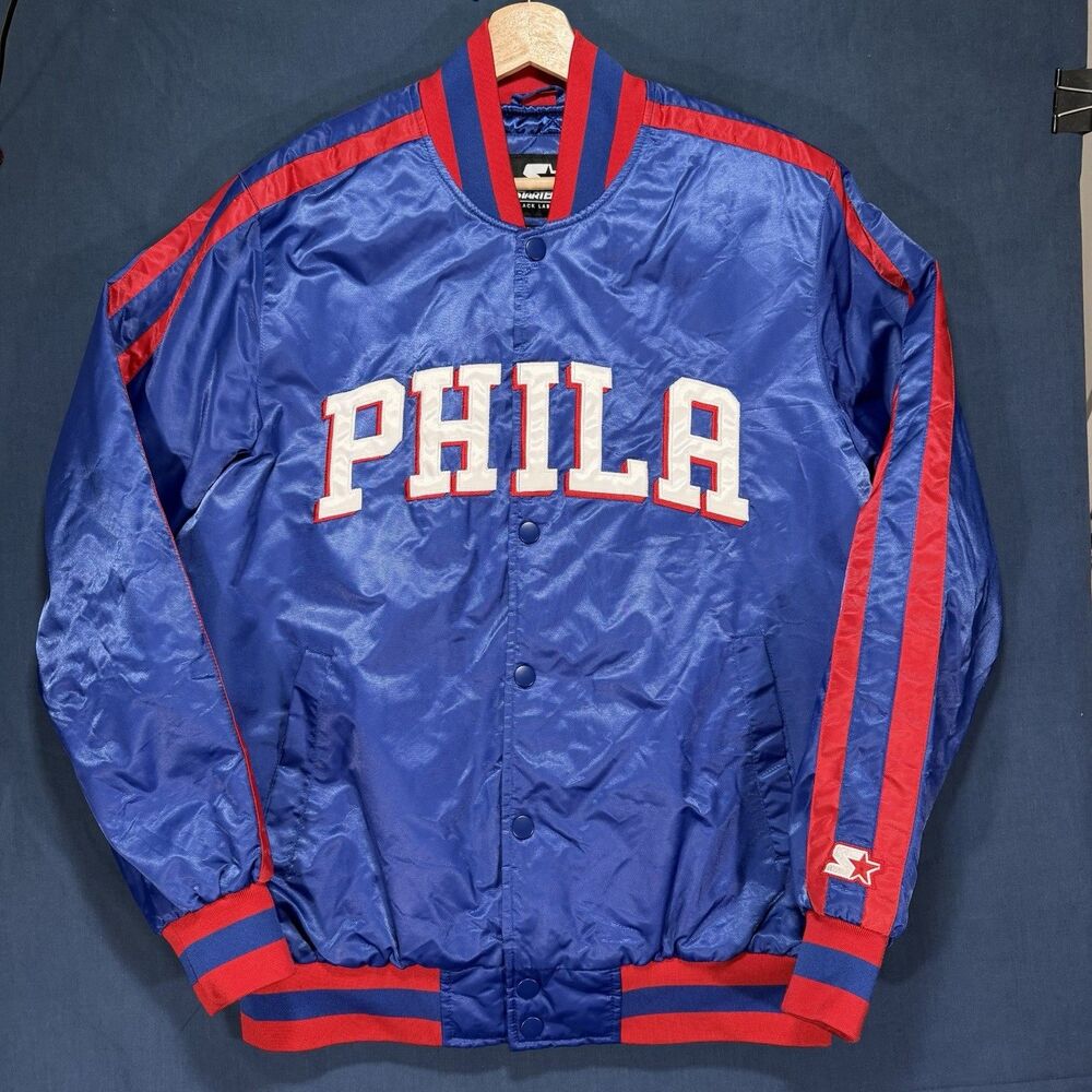 Starter Philadelphia 76ers Jacket Satin Double Sided Retro Blue Red Mens Medium